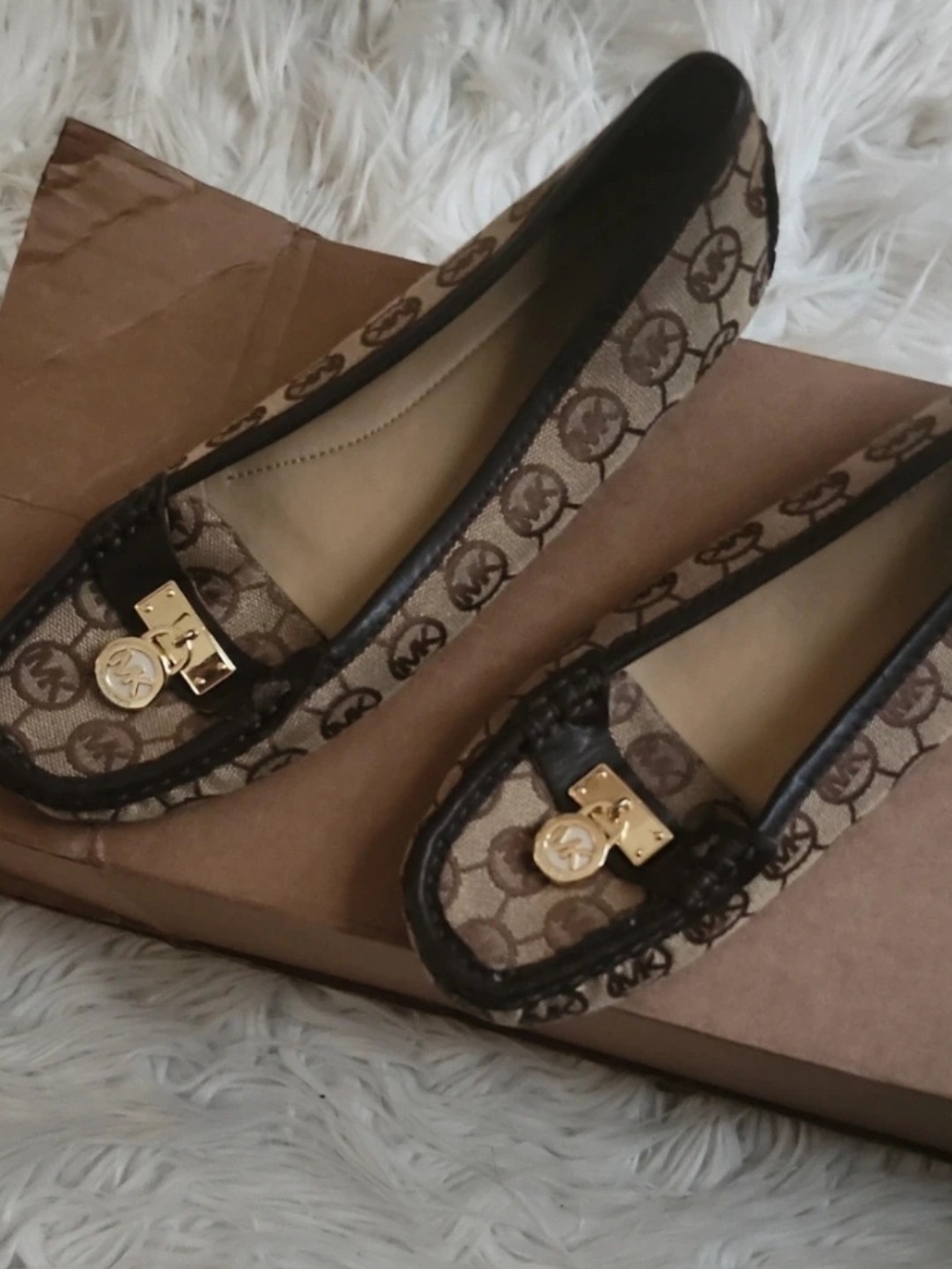Michael Kors Brown MK Logo Moccasin Flats with Gold Hardware